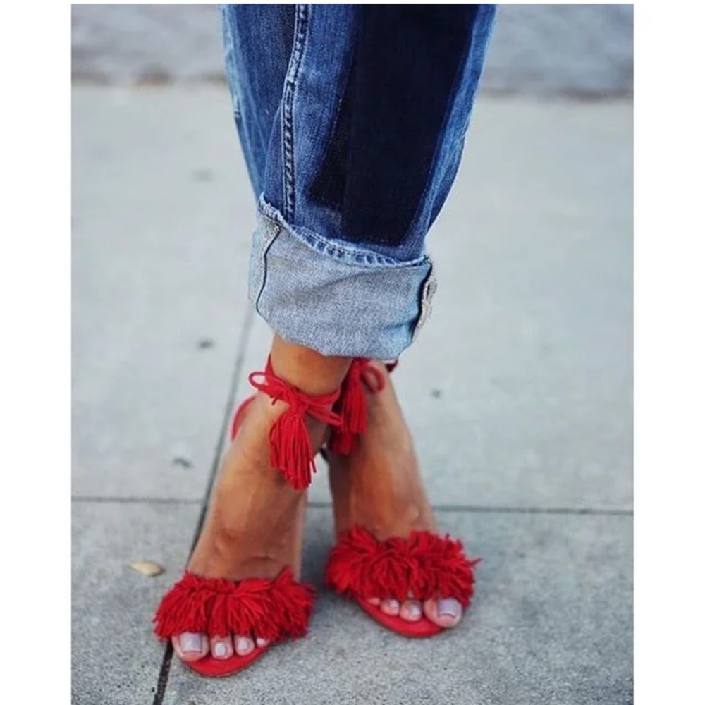 Forever 21 Red Fringe Ankle-Tie Heels